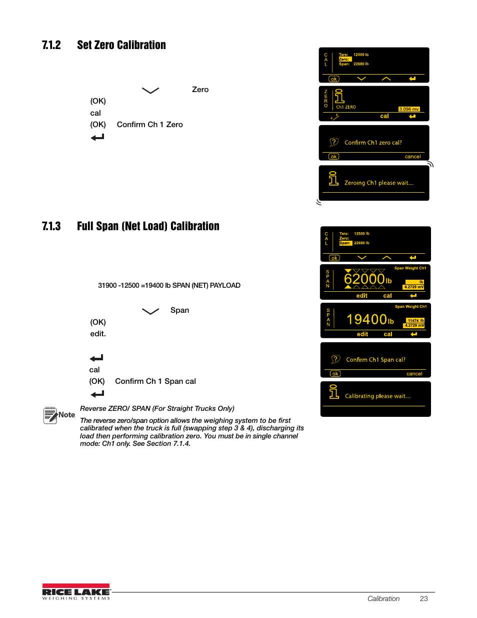 2 set zero calibration, 3 full span (net load) calibration | Rice Lake OB-350 Loadrunner Series Onboard Weight Indicator User Manual | Page 27 / 34