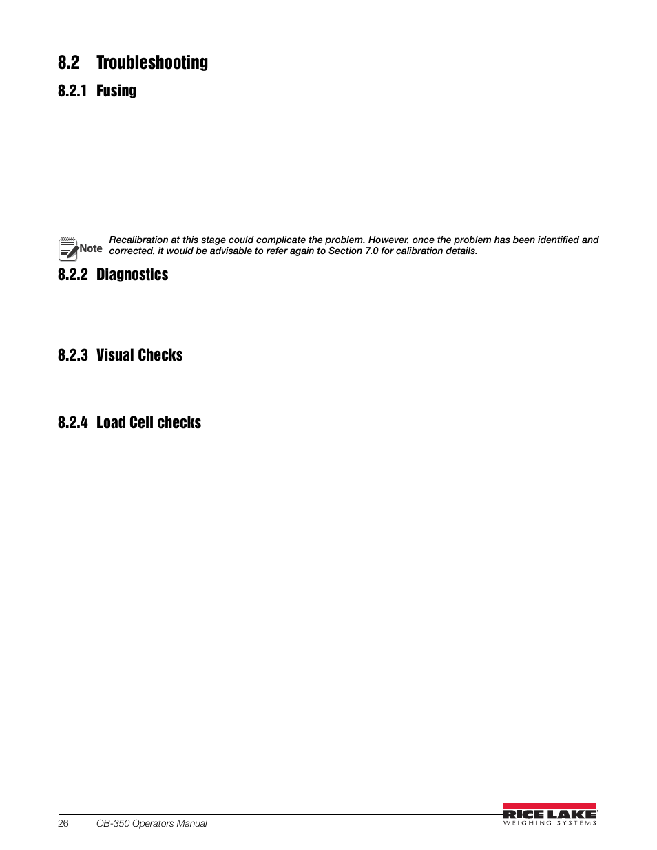 2 troubleshooting, 1 fusing, 2 diagnostics | 3 visual checks, 4 load cell checks | Rice Lake OB-350 Loadrunner Series Onboard Weight Indicator User Manual | Page 30 / 34