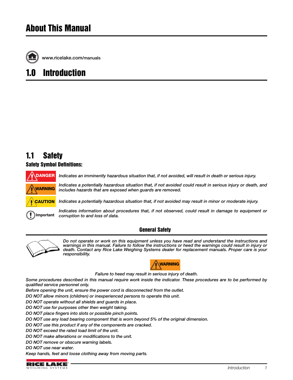 About this manual, 0 introduction, 1 safety | About this manual 1.0 introduction | Rice Lake OB-350 Loadrunner Series Onboard Weight Indicator User Manual | Page 5 / 34