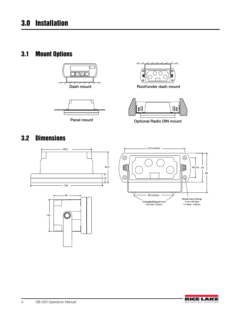 0 installation, 1 mount options, 2 dimensions | 1 mount options 3.2 dimensions | Rice Lake OB-350 Loadrunner Series Onboard Weight Indicator User Manual | Page 8 / 34