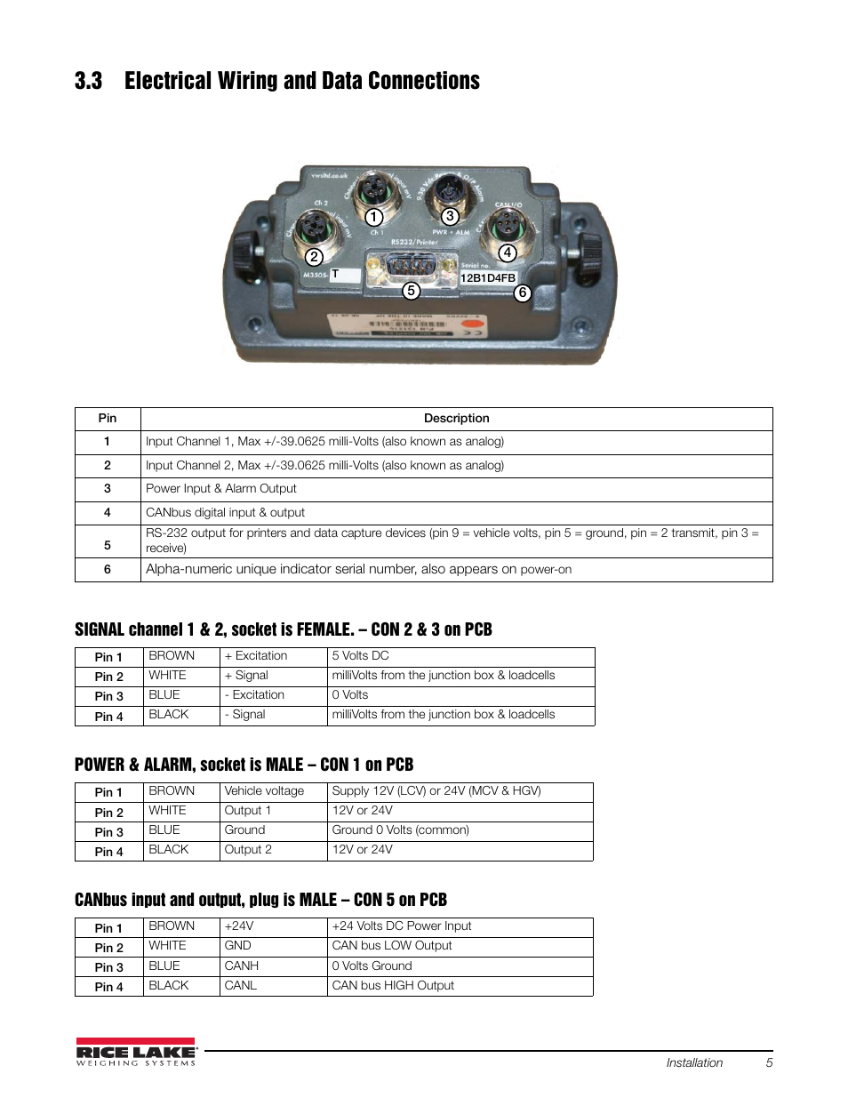 3 electrical wiring and data connections, Power & alarm, socket is male – con 1 on pcb | Rice Lake OB-350 Loadrunner Series Onboard Weight Indicator User Manual | Page 9 / 34