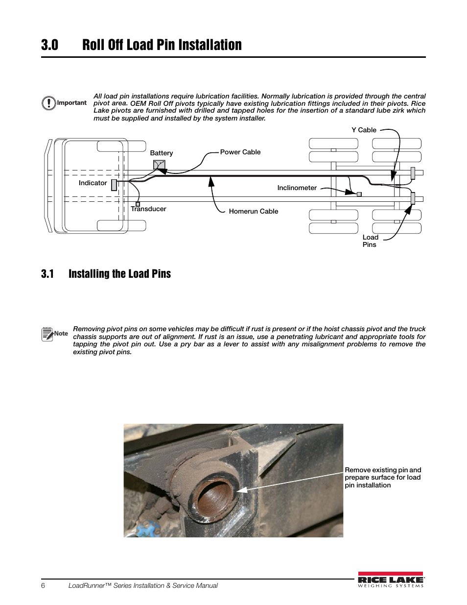 0 roll off load pin installation, 1 installing the load pins, Roll off load pin installation | Rice Lake Loadrunner Series Onboard Roll-Off Load Pin, 2.5 User Manual | Page 10 / 30