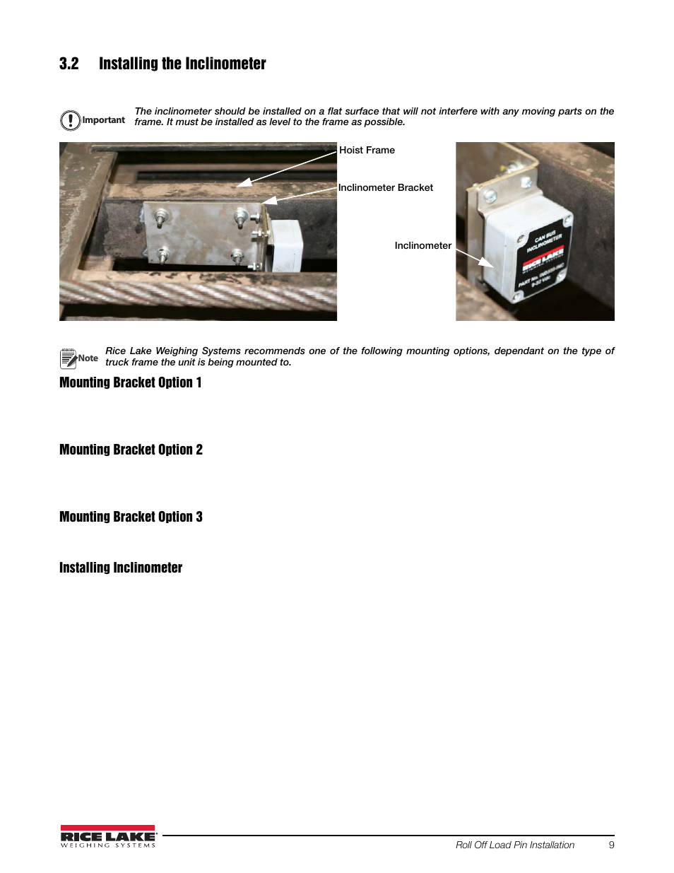 2 installing the inclinometer | Rice Lake Loadrunner Series Onboard Roll-Off Load Pin, 2.5 User Manual | Page 13 / 30