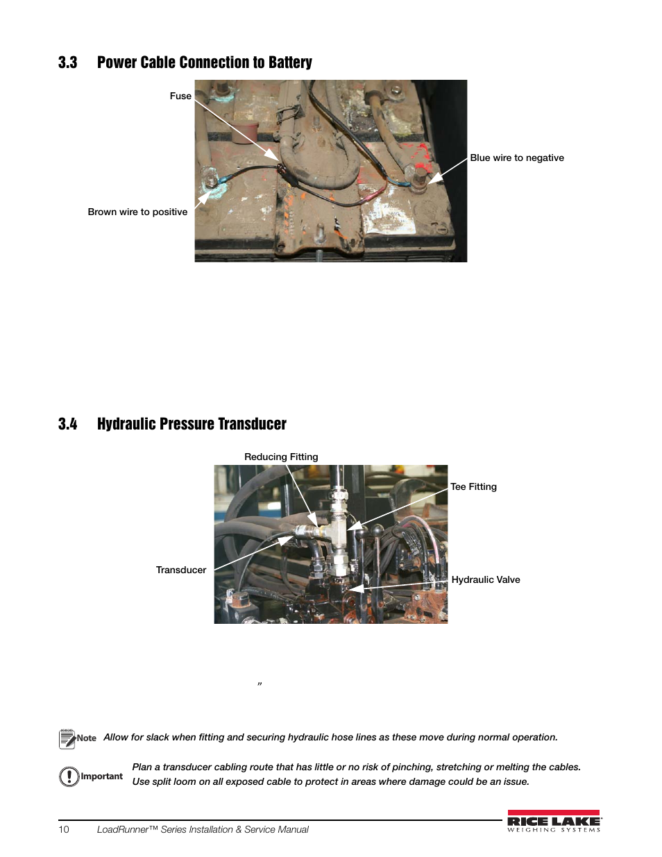 3 power cable connection to battery, 4 hydraulic pressure transducer | Rice Lake Loadrunner Series Onboard Roll-Off Load Pin, 2.5 User Manual | Page 14 / 30