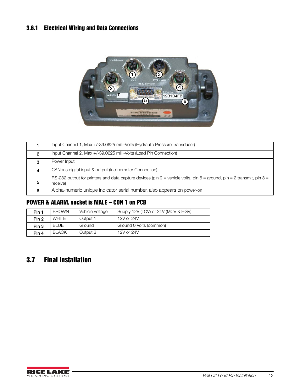 1 electrical wiring and data connections, 7 final installation, Electrical wiring and data connections | Rice Lake Loadrunner Series Onboard Roll-Off Load Pin, 2.5 User Manual | Page 17 / 30