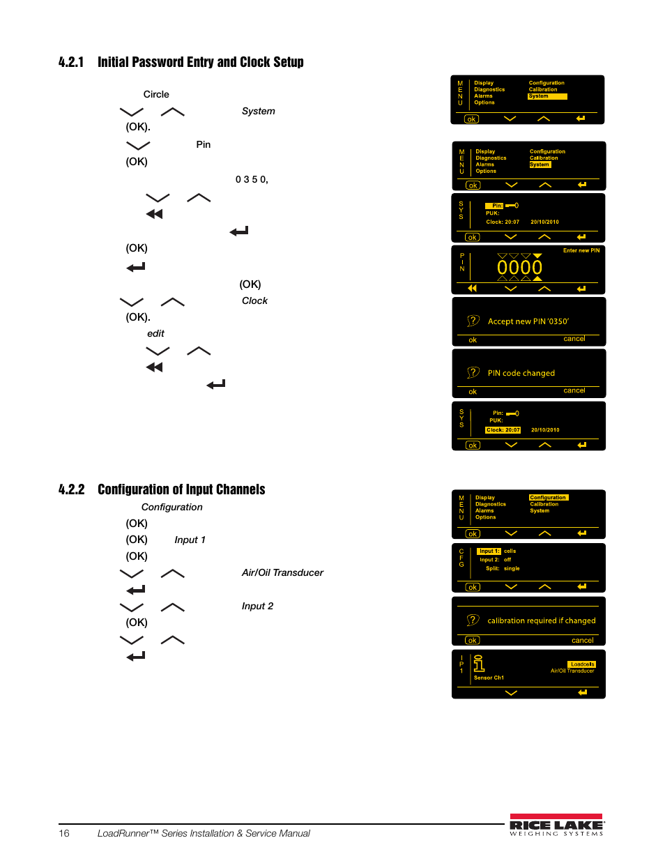 1 initial password entry and clock setup, 2 configuration of input channels, Initial password entry and clock setup | Configuration of input channels | Rice Lake Loadrunner Series Onboard Roll-Off Load Pin, 2.5 User Manual | Page 20 / 30