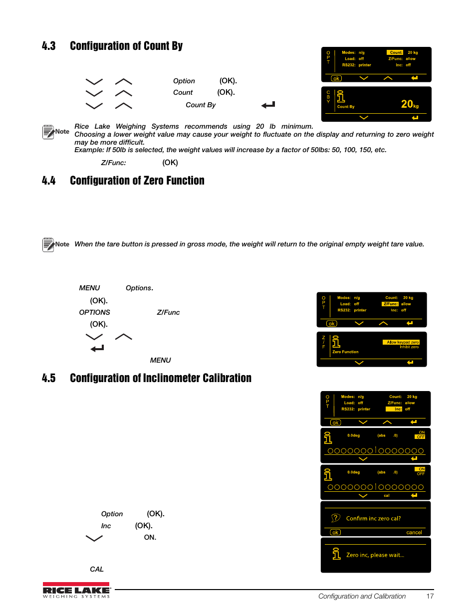 3 configuration of count by, 4 configuration of zero function, 5 configuration of inclinometer calibration | 5 configuration of, Inclinometer calibration | Rice Lake Loadrunner Series Onboard Roll-Off Load Pin, 2.5 User Manual | Page 21 / 30