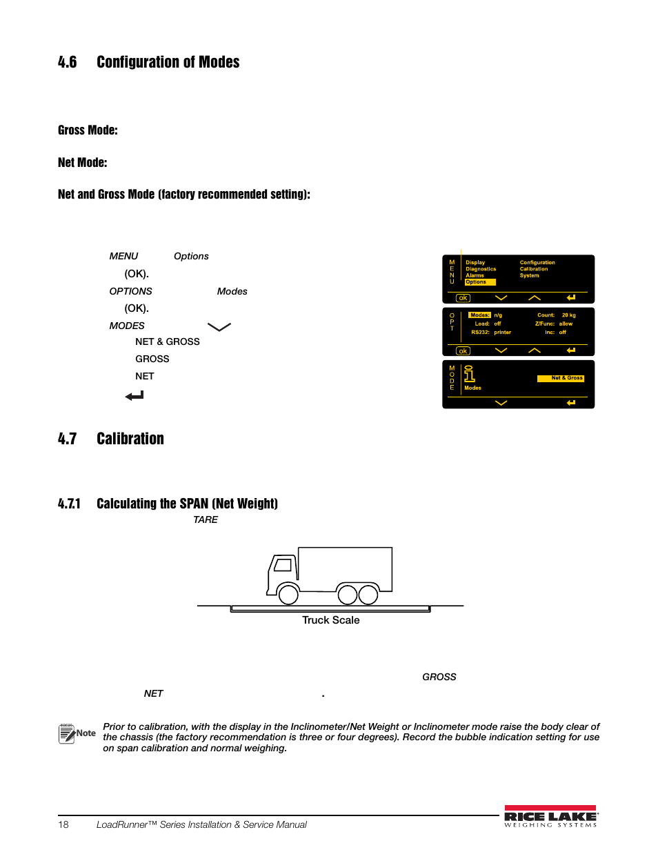 6 configuration of modes, 7 calibration, 1 calculating the span (net weight) | 6 configuration of modes 4.7 calibration, Calculating the span (net weight) | Rice Lake Loadrunner Series Onboard Roll-Off Load Pin, 2.5 User Manual | Page 22 / 30