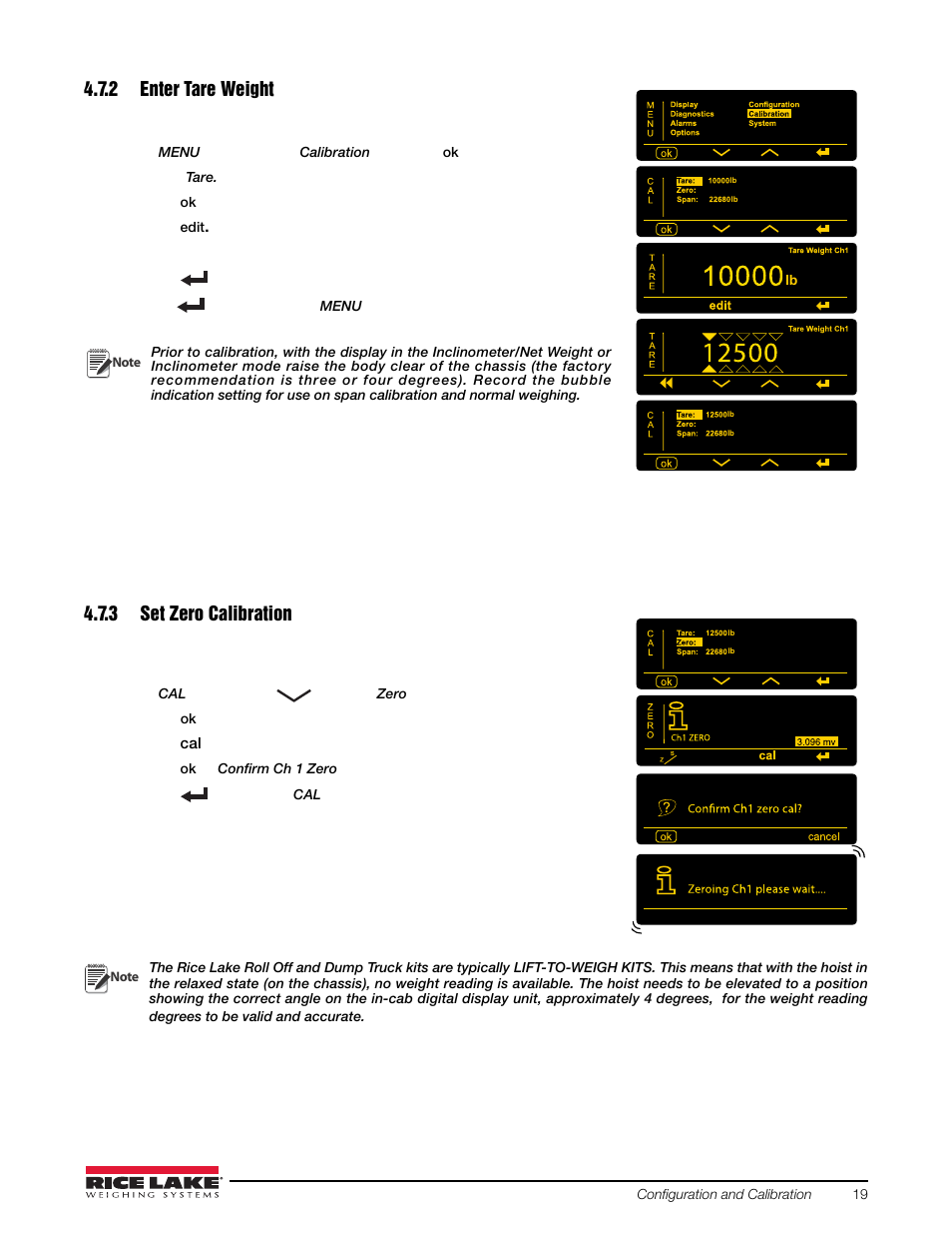 2 enter tare weight, 3 set zero calibration, Enter tare weight | Rice Lake Loadrunner Series Onboard Roll-Off Load Pin, 2.5 User Manual | Page 23 / 30