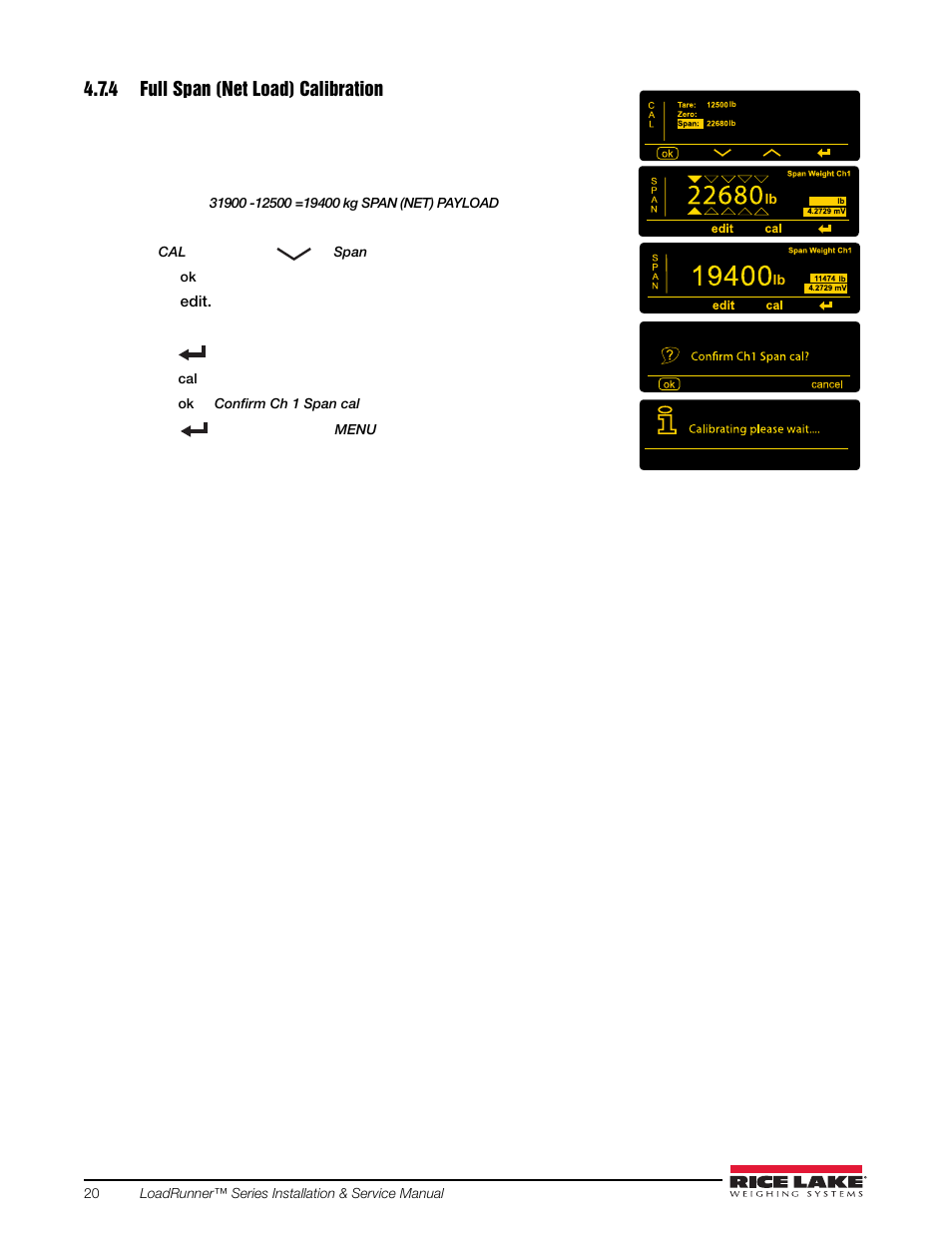 4 full span (net load) calibration | Rice Lake Loadrunner Series Onboard Roll-Off Load Pin, 2.5 User Manual | Page 24 / 30