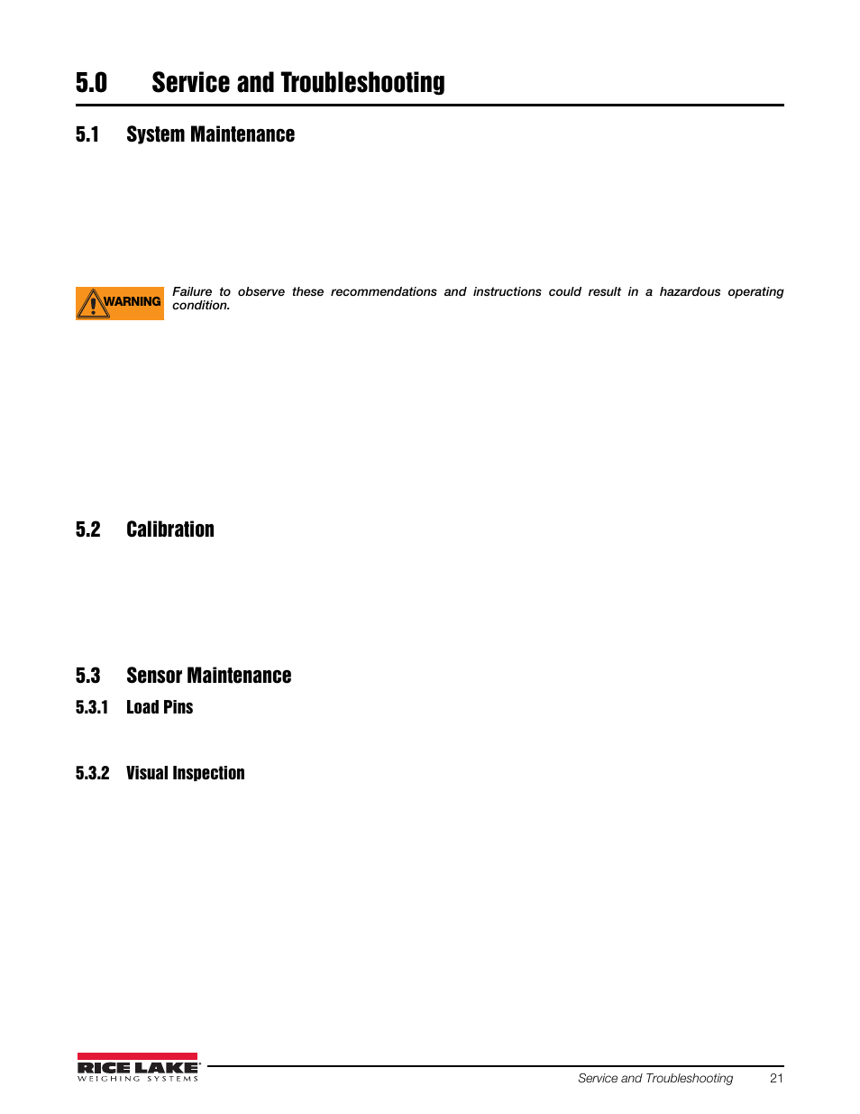 0 service and troubleshooting, 1 system maintenance, 2 calibration | 3 sensor maintenance, 1 load pins, 2 visual inspection, Service and troubleshooting, Load pins, Visual inspection | Rice Lake Loadrunner Series Onboard Roll-Off Load Pin, 2.5 User Manual | Page 25 / 30