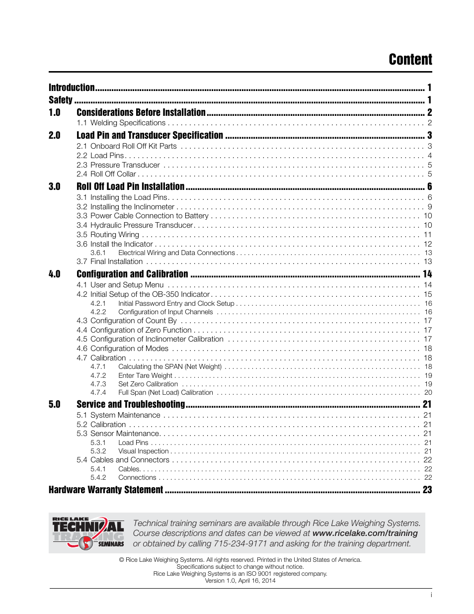 Content | Rice Lake Loadrunner Series Onboard Roll-Off Load Pin, 2.5 User Manual | Page 3 / 30