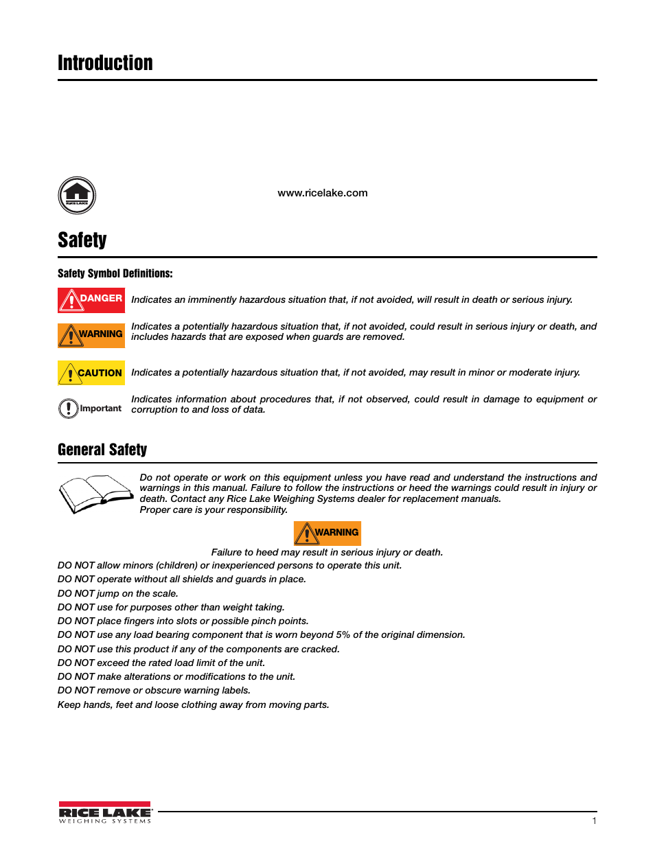 Introduction, Safety, Introduction safety | General safety | Rice Lake Loadrunner Series Onboard Roll-Off Load Pin, 2.5 User Manual | Page 5 / 30