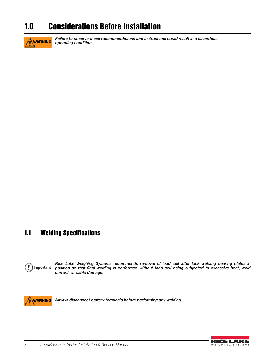 0 considerations before installation, 1 welding specifications, Considerations before installation | Rice Lake Loadrunner Series Onboard Roll-Off Load Pin, 2.5 User Manual | Page 6 / 30