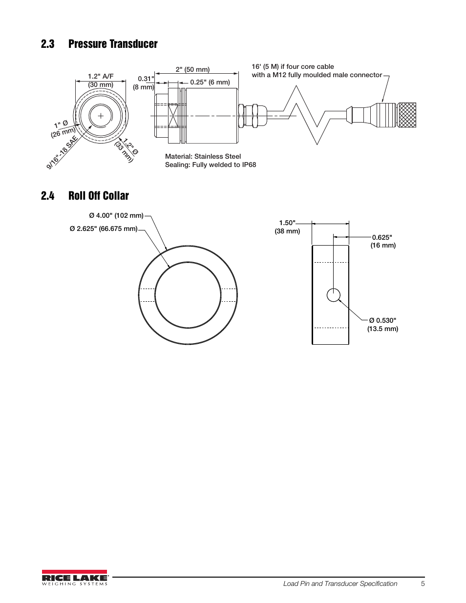 3 pressure transducer, 4 roll off collar, 3 pressure transducer 2.4 roll off collar | Rice Lake Loadrunner Series Onboard Roll-Off Load Pin, 2.5 User Manual | Page 9 / 30