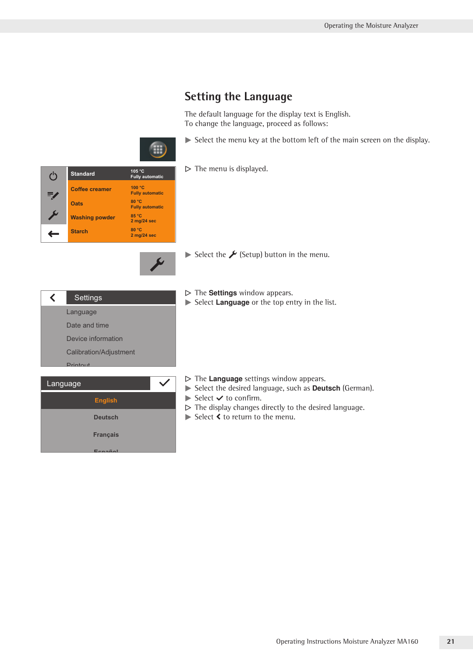 Setting the language | Rice Lake MA160 Sartorius Moisture Analyzer User Manual | Page 21 / 82