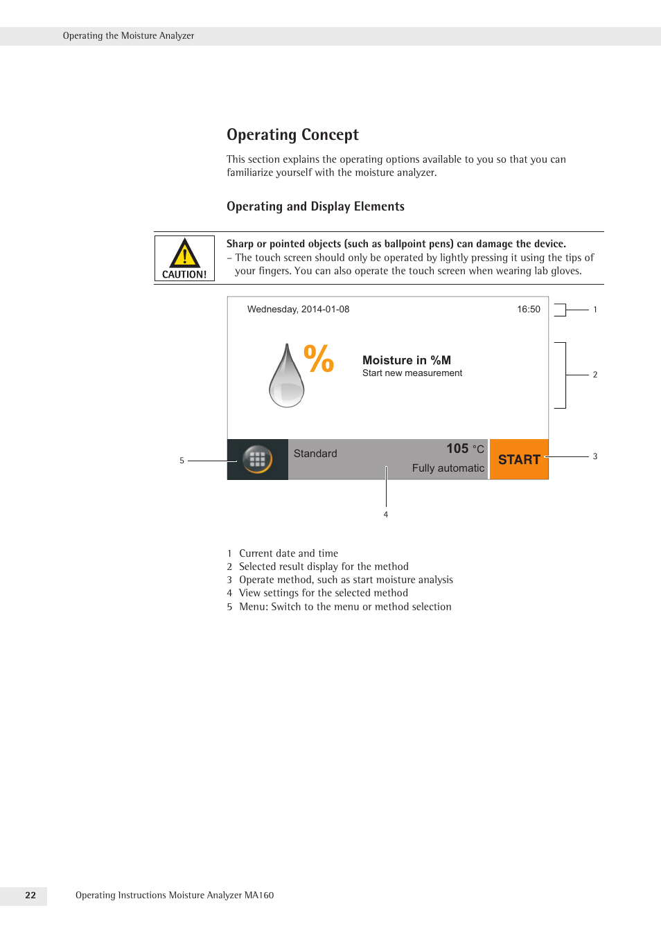 Operating concept, Operating and display elements | Rice Lake MA160 Sartorius Moisture Analyzer User Manual | Page 22 / 82