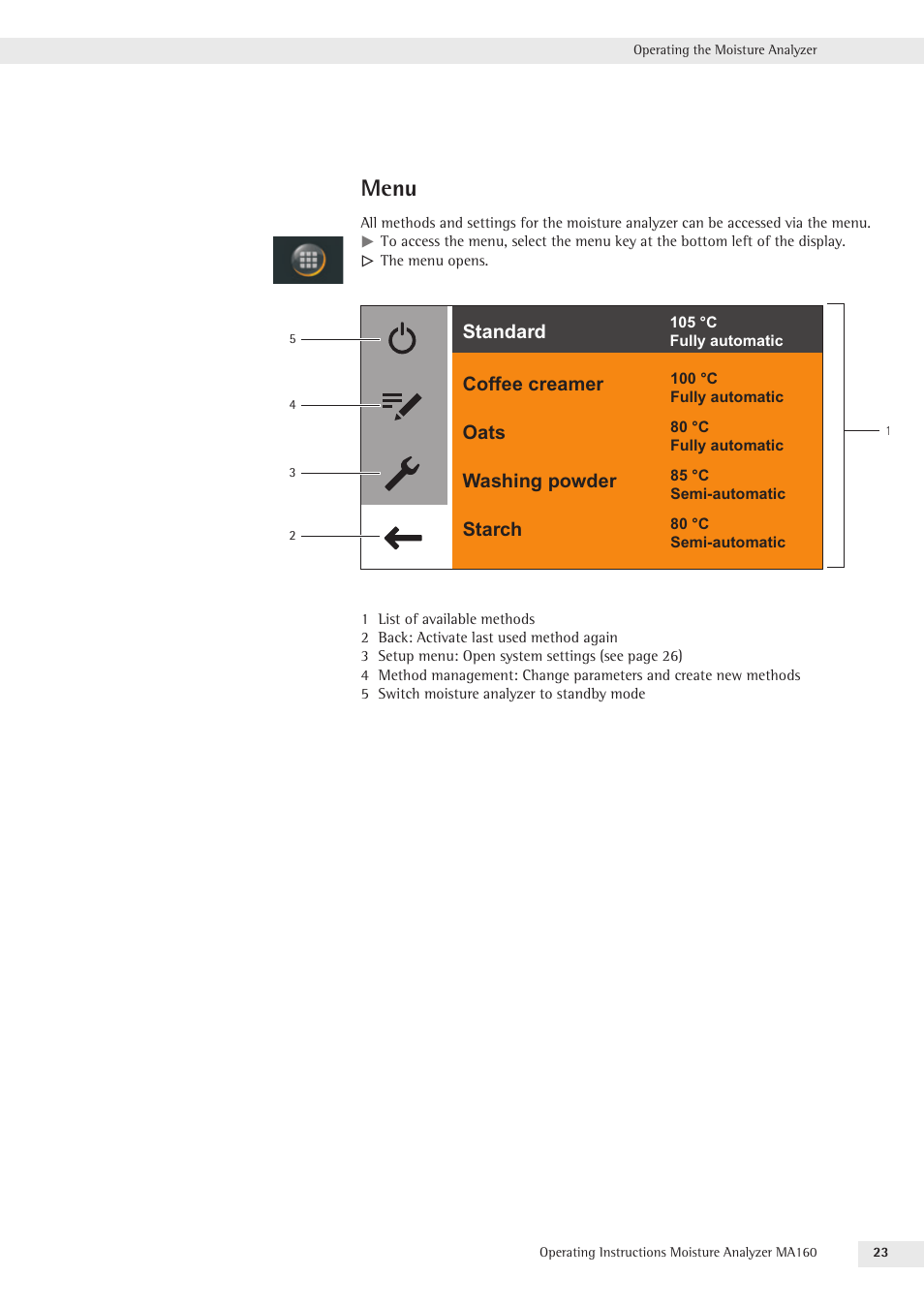 Menu, Standard coffee creamer, Oats | Washing powder, Starch | Rice Lake MA160 Sartorius Moisture Analyzer User Manual | Page 23 / 82