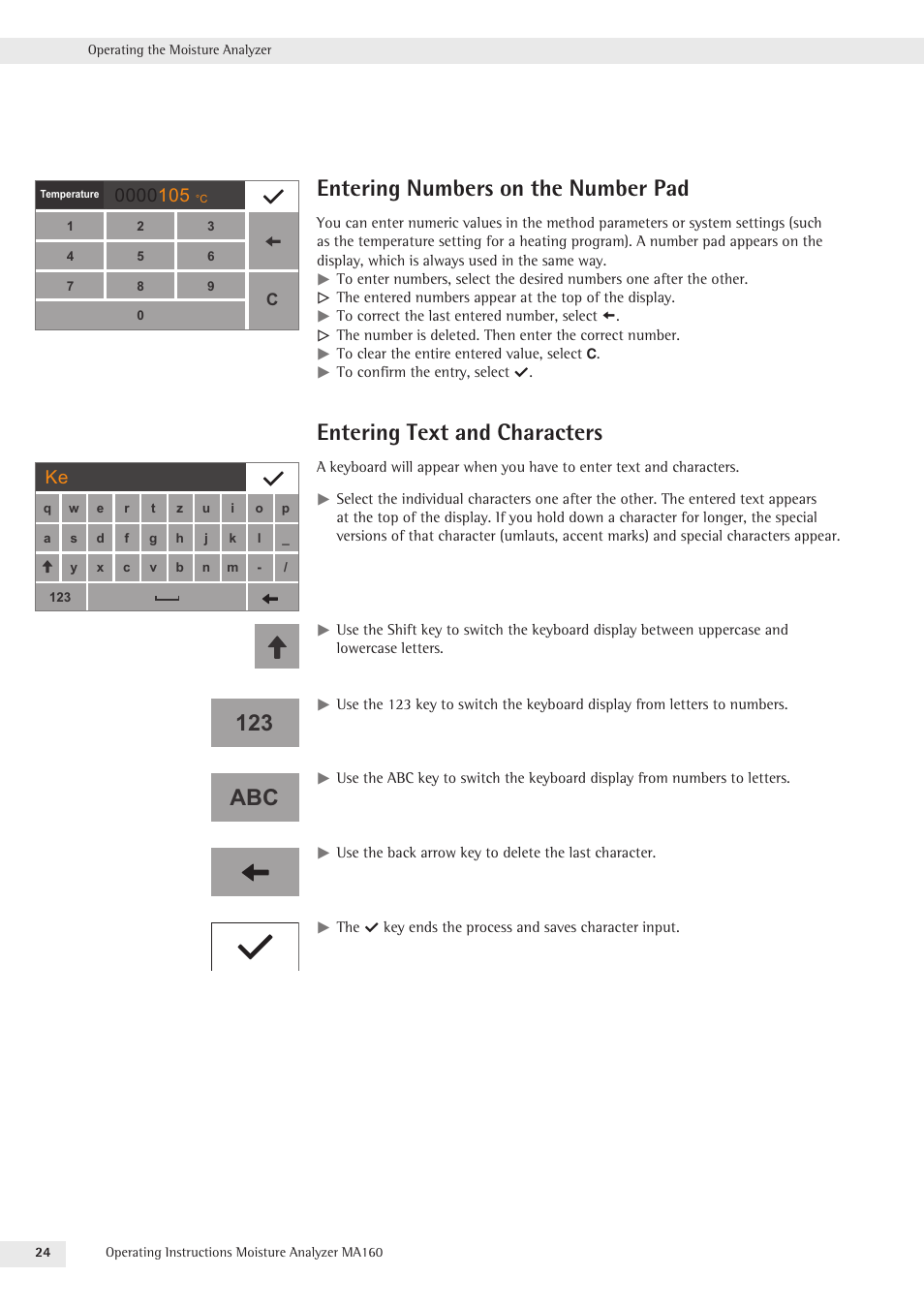 Entering numbers on the number pad, Entering text and characters, 123 abc | Rice Lake MA160 Sartorius Moisture Analyzer User Manual | Page 24 / 82