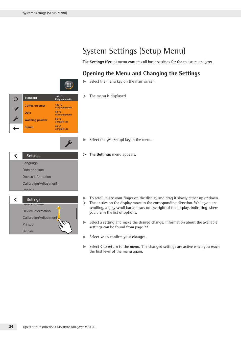 System settings (setup menu), Opening the menu and changing the settings | Rice Lake MA160 Sartorius Moisture Analyzer User Manual | Page 26 / 82