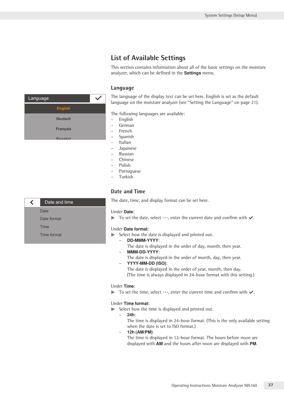 List of available settings | Rice Lake MA160 Sartorius Moisture Analyzer User Manual | Page 27 / 82