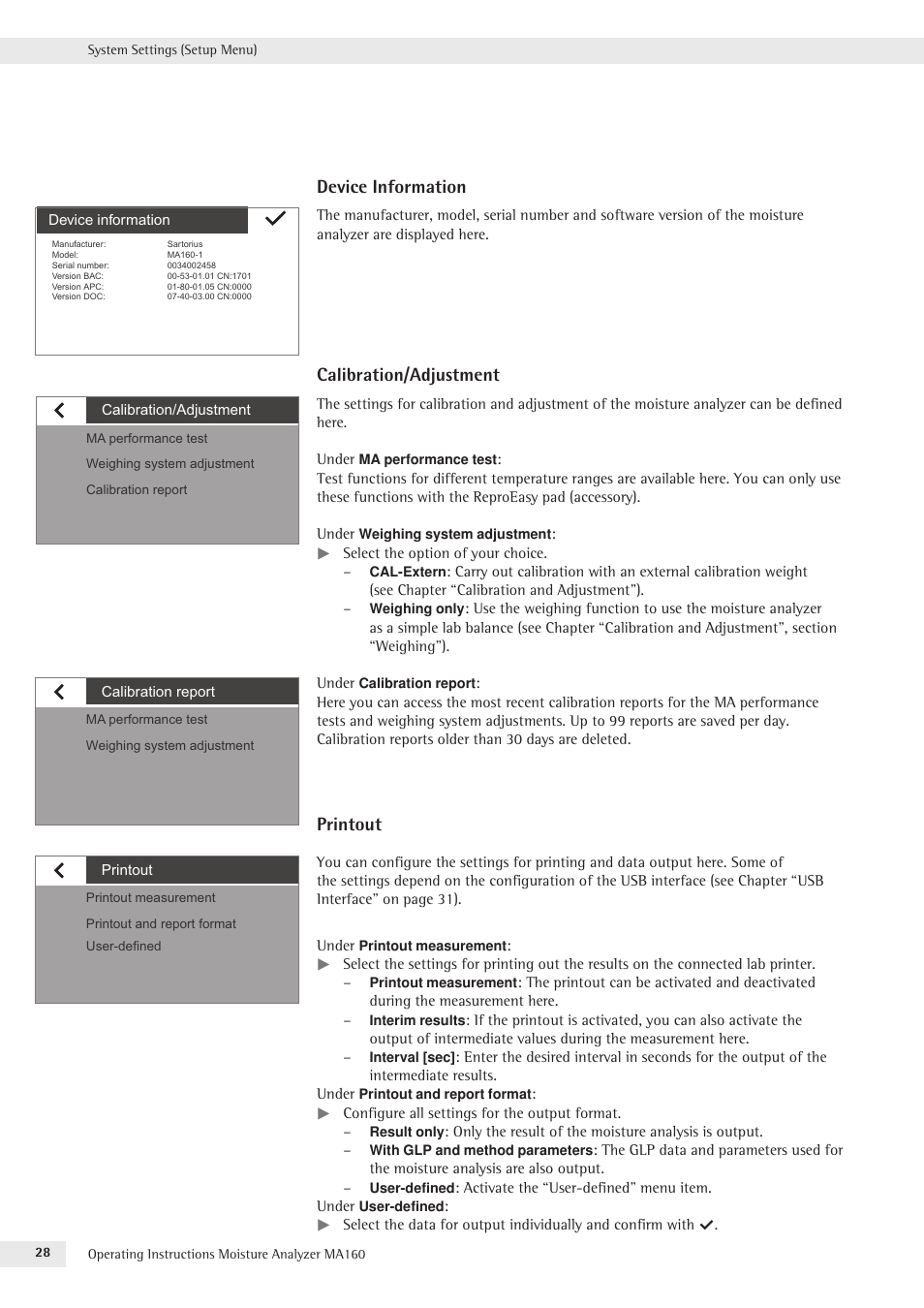 Device information, Calibration/adjustment, Printout | Rice Lake MA160 Sartorius Moisture Analyzer User Manual | Page 28 / 82