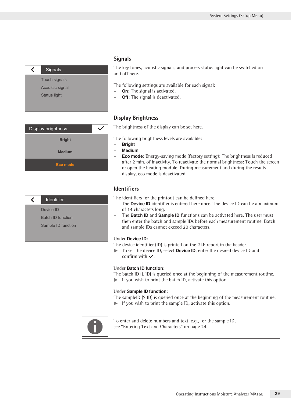 Signals, Display brightness, Identifiers | Rice Lake MA160 Sartorius Moisture Analyzer User Manual | Page 29 / 82