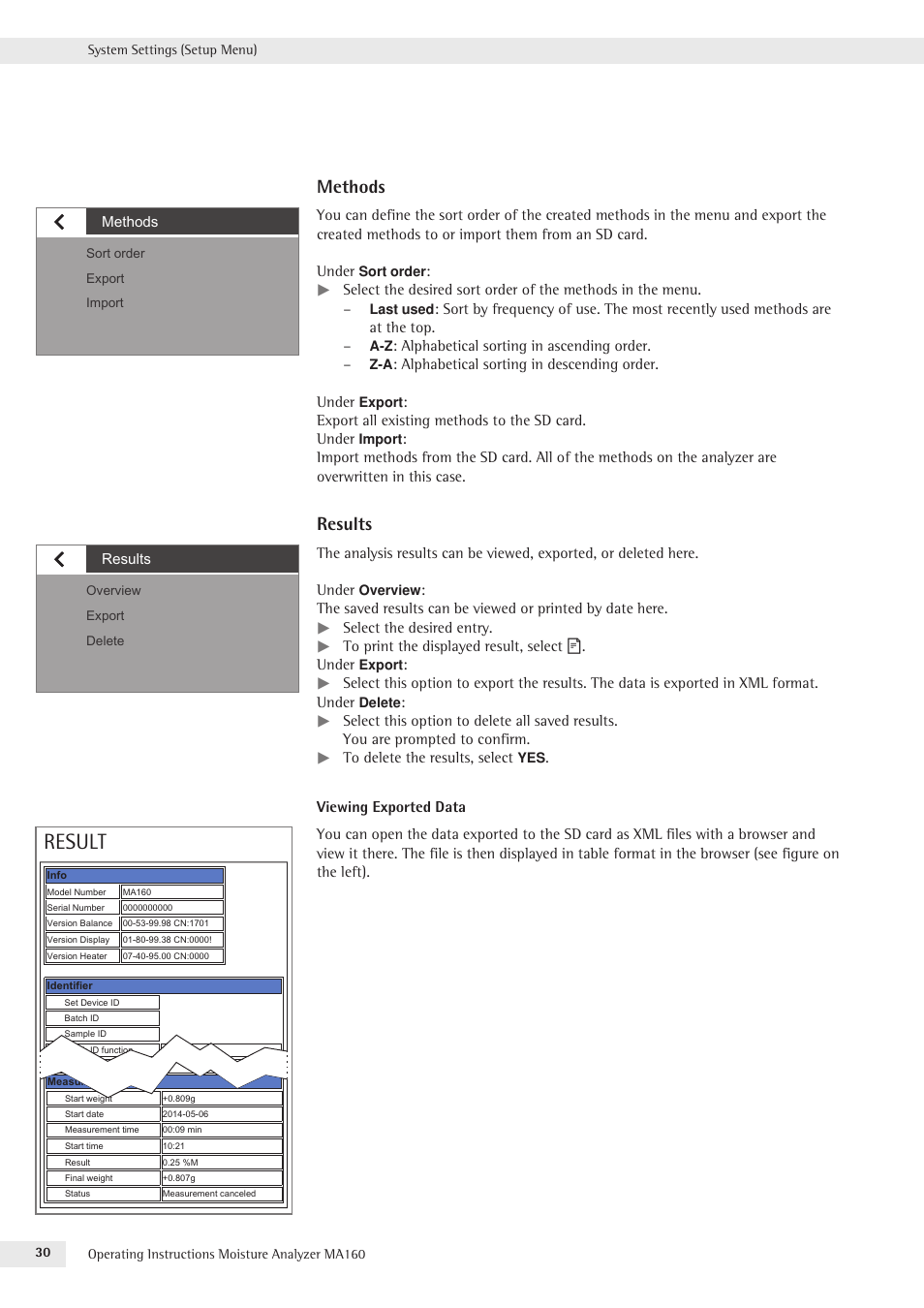 Result, Methods, Results | Rice Lake MA160 Sartorius Moisture Analyzer User Manual | Page 30 / 82