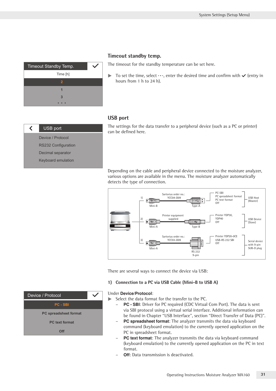 Timeout standby temp, Usb port | Rice Lake MA160 Sartorius Moisture Analyzer User Manual | Page 31 / 82