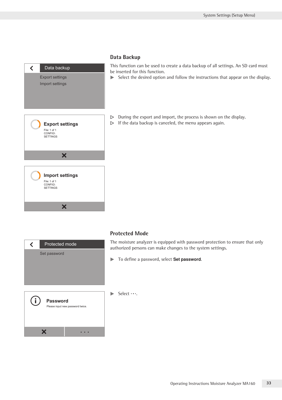 Data backup, Protected mode | Rice Lake MA160 Sartorius Moisture Analyzer User Manual | Page 33 / 82