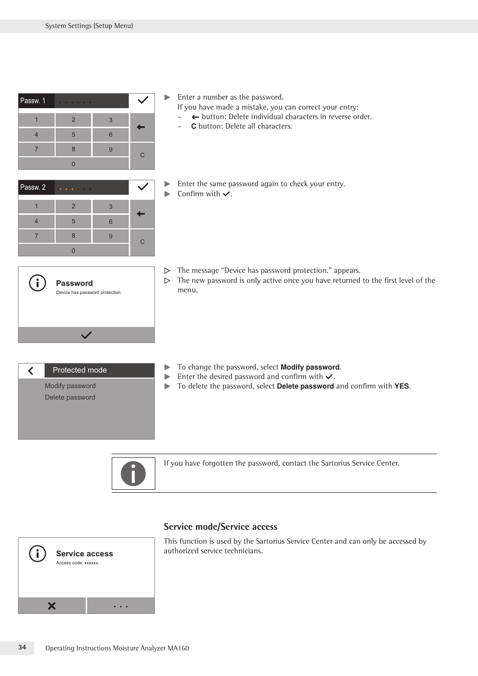 Service mode/service access | Rice Lake MA160 Sartorius Moisture Analyzer User Manual | Page 34 / 82