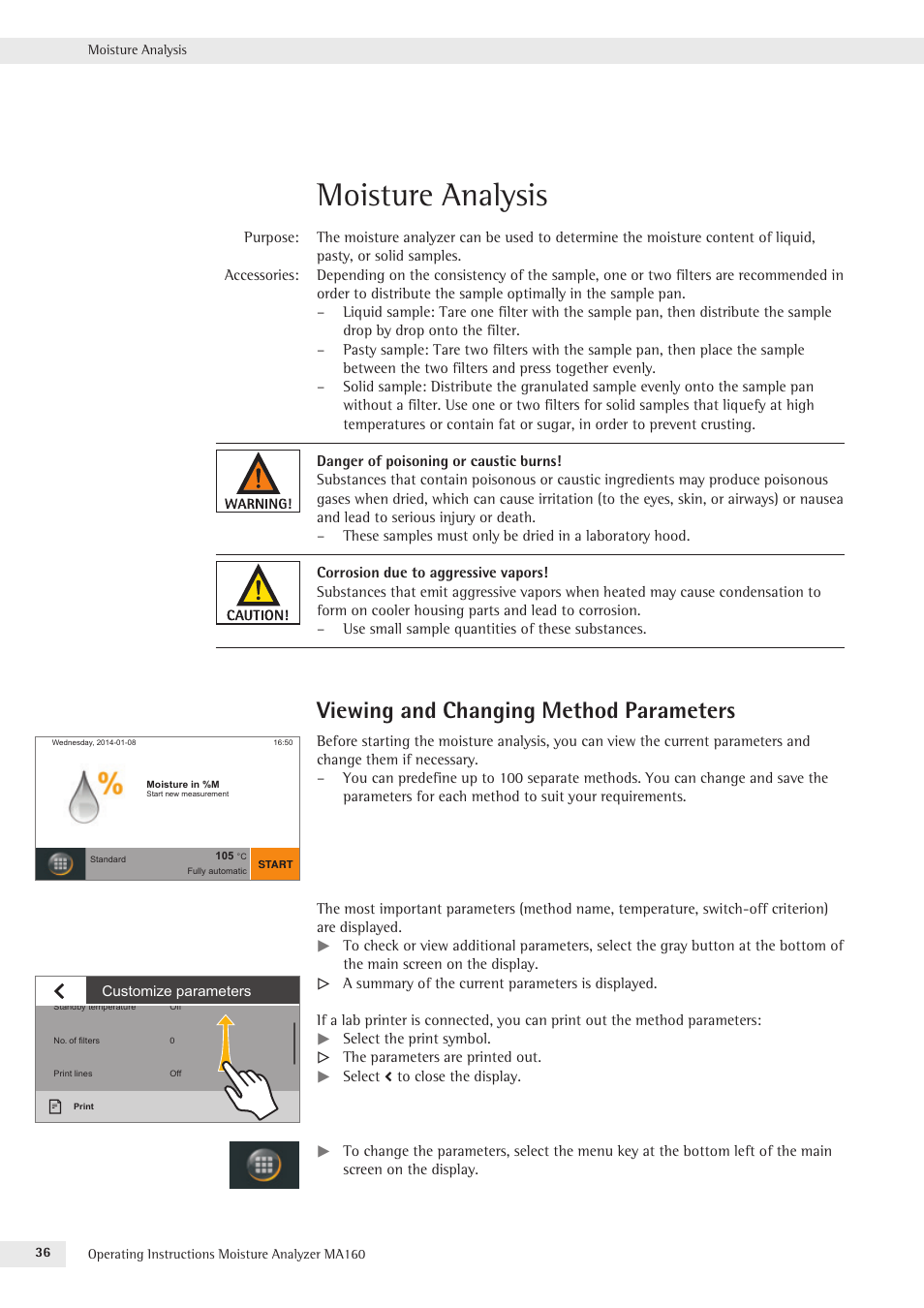 Moisture analysis, Viewing and changing method parameters | Rice Lake MA160 Sartorius Moisture Analyzer User Manual | Page 36 / 82