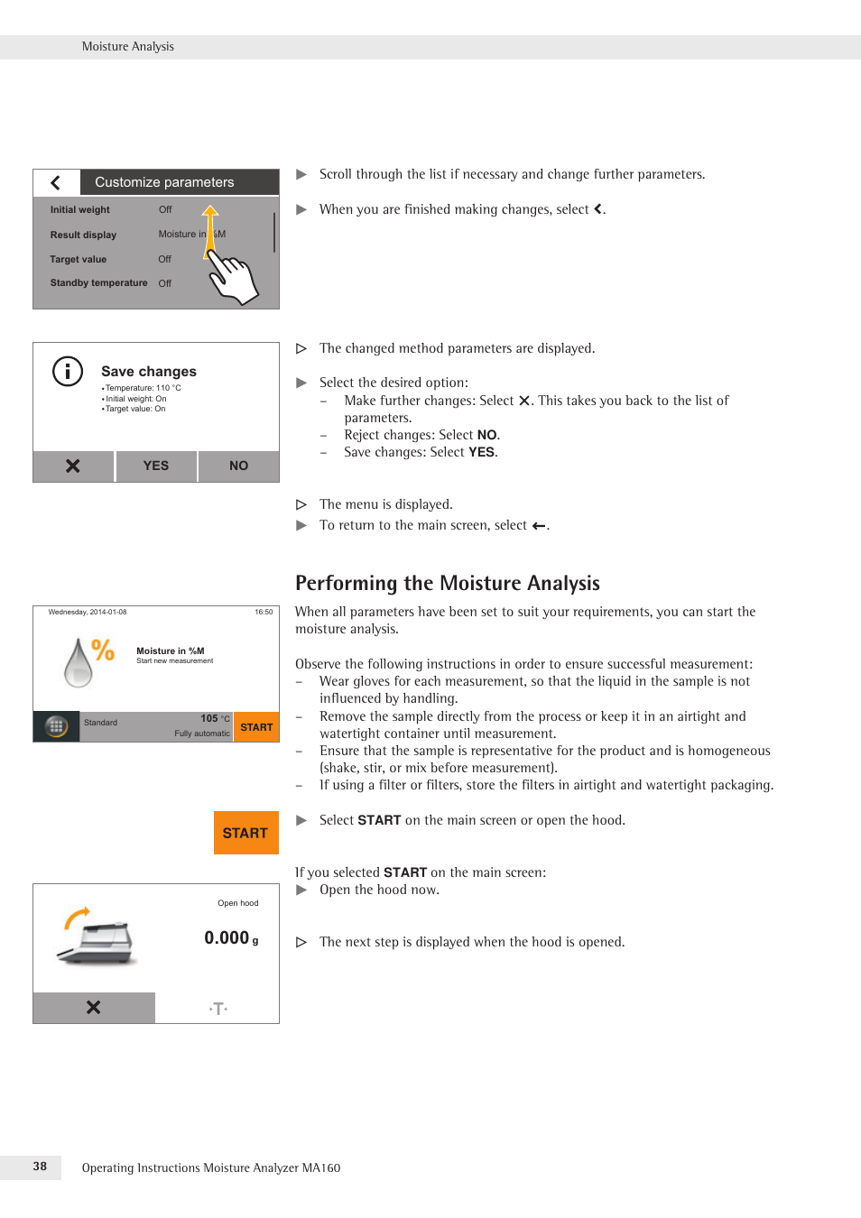 Performing the moisture analysis | Rice Lake MA160 Sartorius Moisture Analyzer User Manual | Page 38 / 82