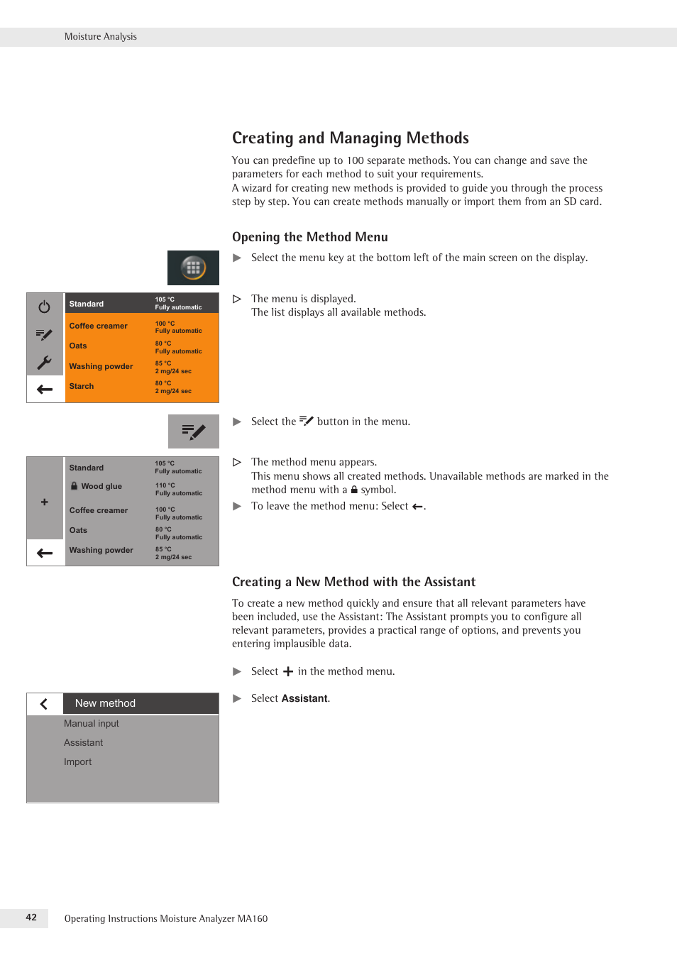 Creating and managing methods, Opening the method menu, Creating a new method with the assistant | Rice Lake MA160 Sartorius Moisture Analyzer User Manual | Page 42 / 82