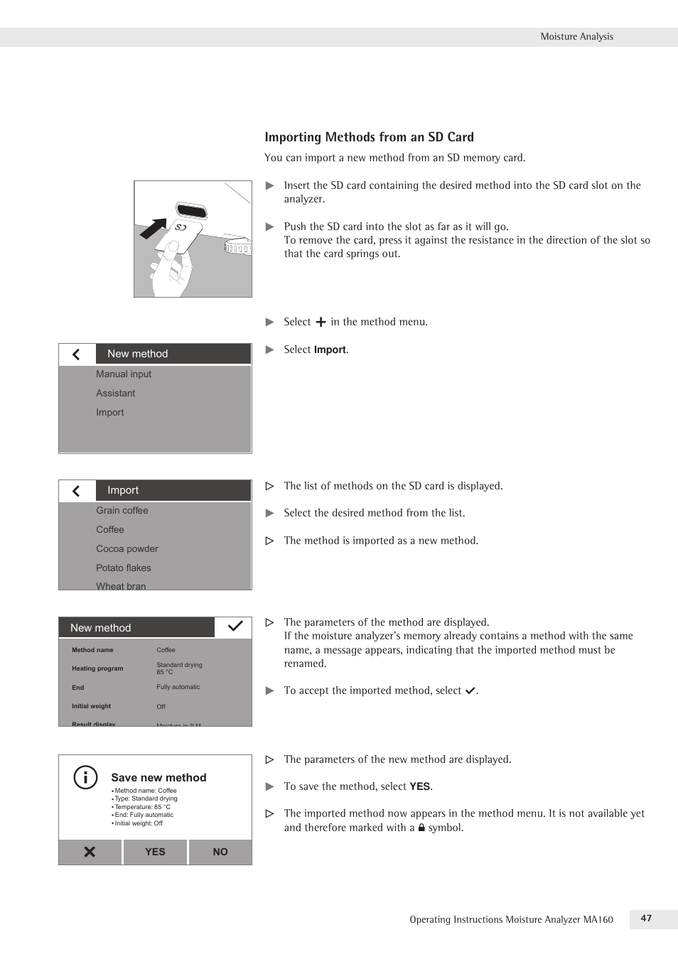 Importing methods from an sd card | Rice Lake MA160 Sartorius Moisture Analyzer User Manual | Page 47 / 82