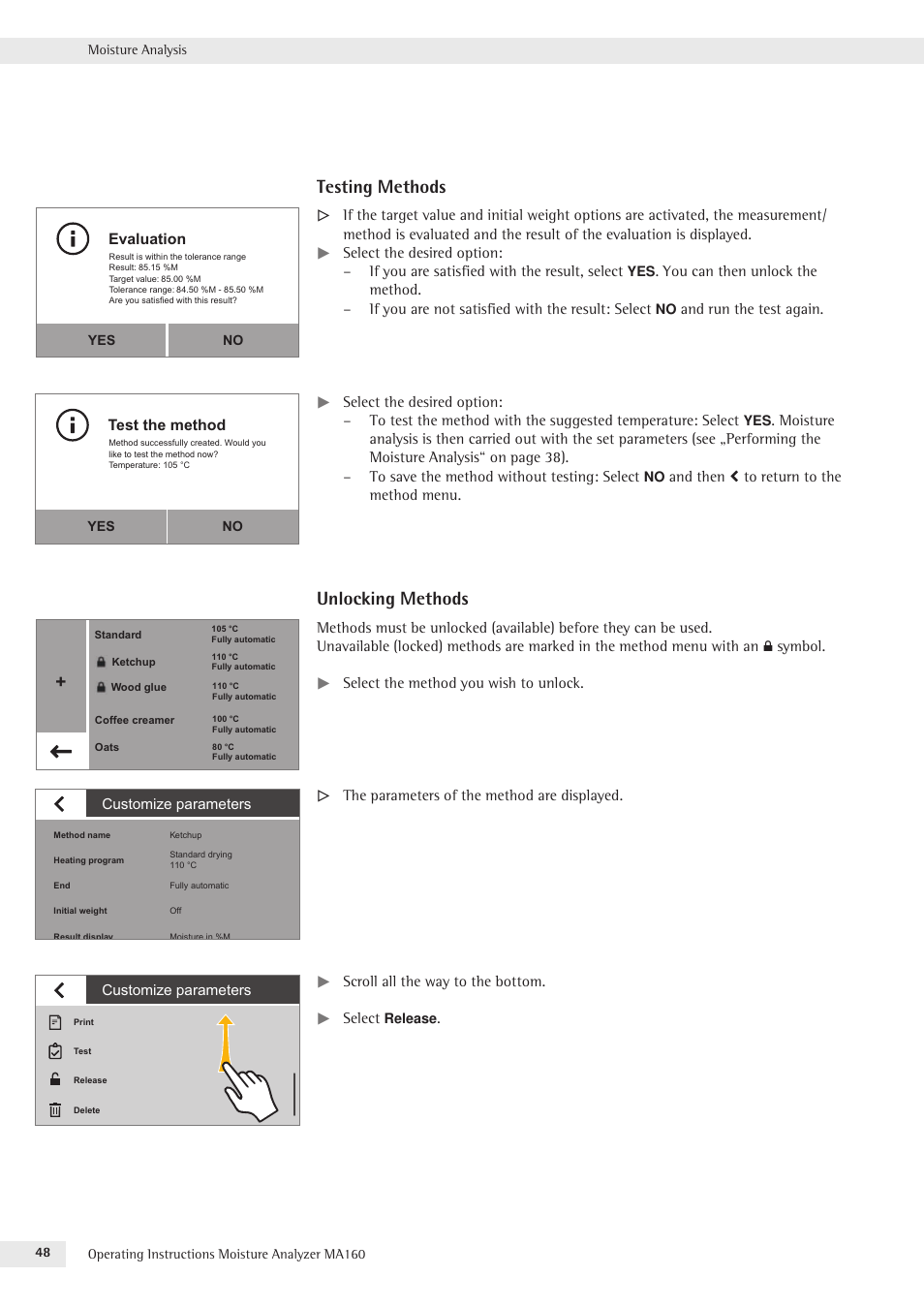 Testing methods, Unlocking methods | Rice Lake MA160 Sartorius Moisture Analyzer User Manual | Page 48 / 82