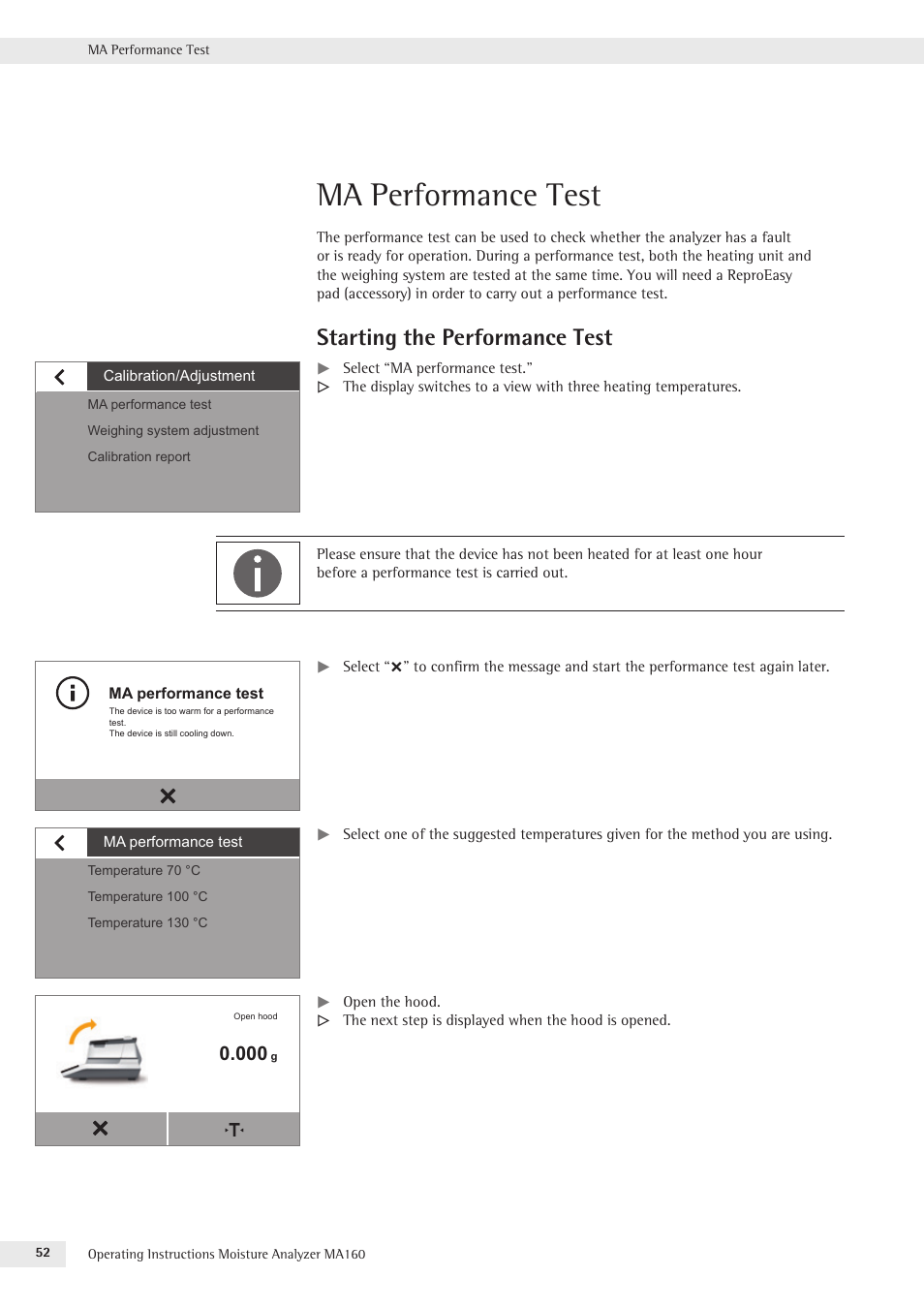 Performance test, Starting the performance test, Ma performance test | Rice Lake MA160 Sartorius Moisture Analyzer User Manual | Page 52 / 82