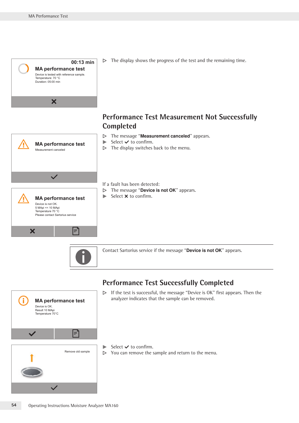 Performance test successfully completed | Rice Lake MA160 Sartorius Moisture Analyzer User Manual | Page 54 / 82