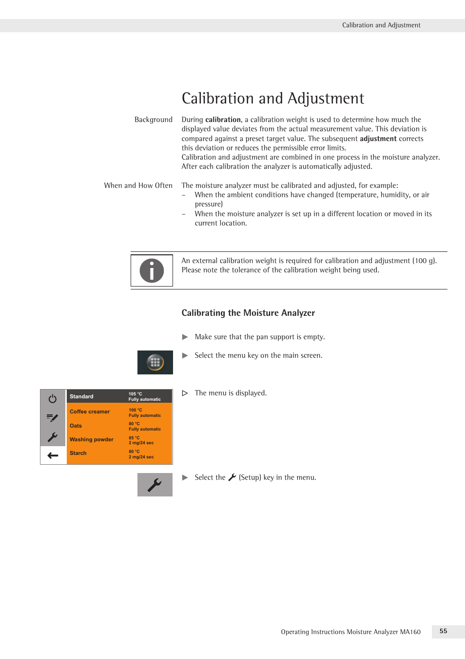 Calibration and adjustment, Calibrating the moisture analyzer | Rice Lake MA160 Sartorius Moisture Analyzer User Manual | Page 55 / 82