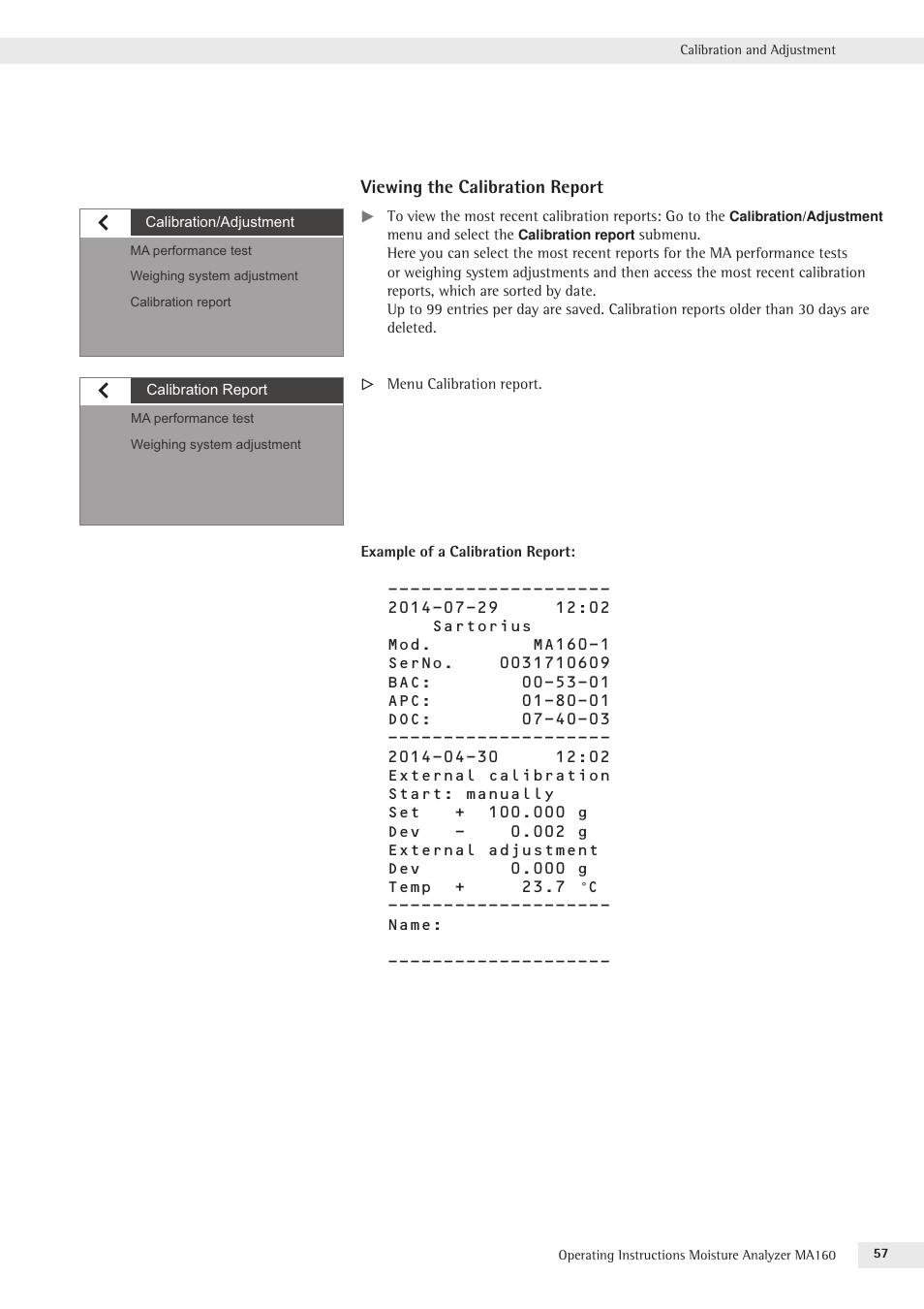 Viewing the calibration report | Rice Lake MA160 Sartorius Moisture Analyzer User Manual | Page 57 / 82