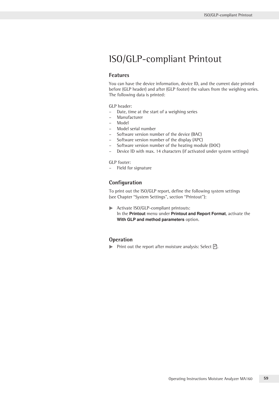 Iso/glp-compliant printout | Rice Lake MA160 Sartorius Moisture Analyzer User Manual | Page 59 / 82