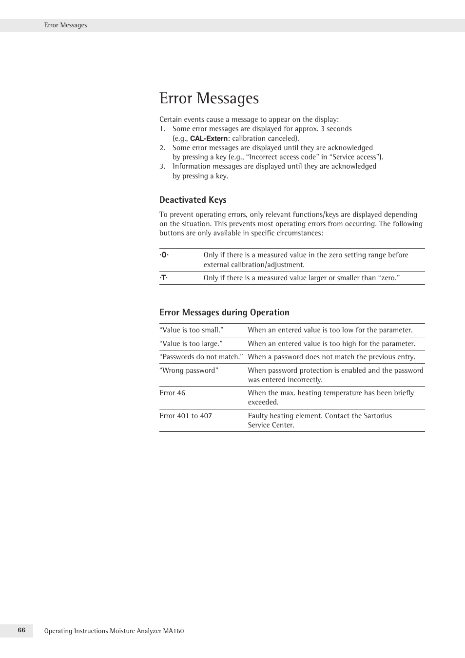 Error messages | Rice Lake MA160 Sartorius Moisture Analyzer User Manual | Page 66 / 82