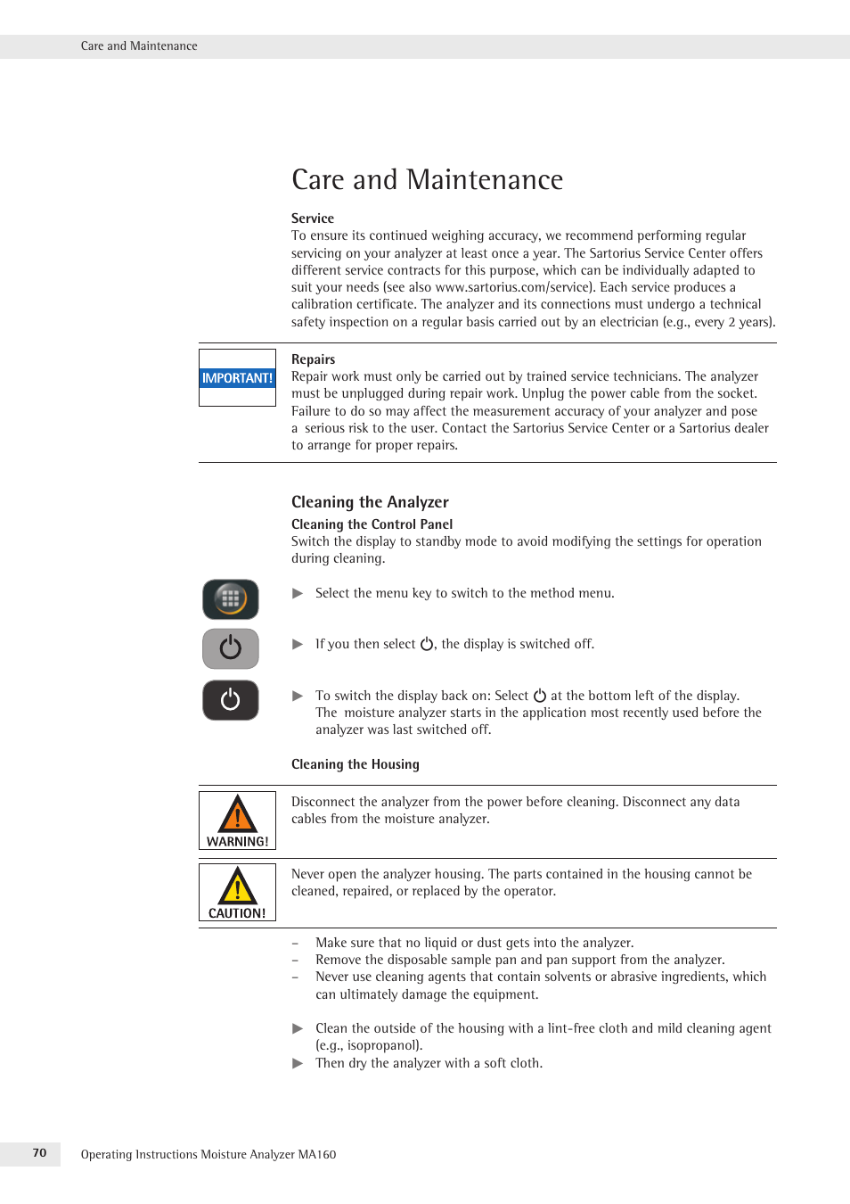 Care and maintenance | Rice Lake MA160 Sartorius Moisture Analyzer User Manual | Page 70 / 82