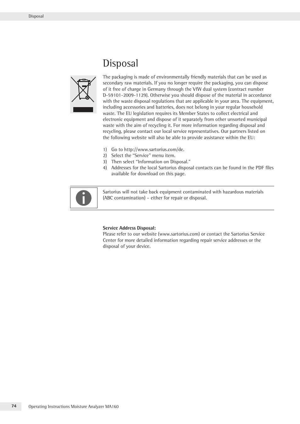 Disposal | Rice Lake MA160 Sartorius Moisture Analyzer User Manual | Page 74 / 82