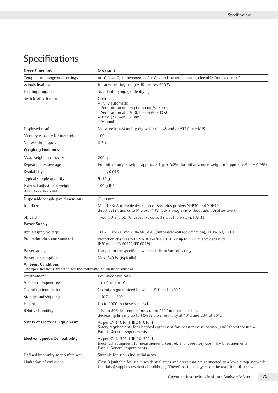 Specifications | Rice Lake MA160 Sartorius Moisture Analyzer User Manual | Page 75 / 82