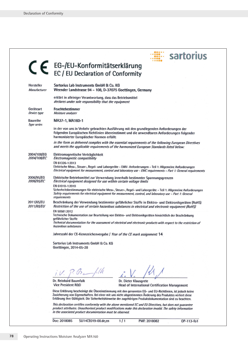 Declaration of conformity | Rice Lake MA160 Sartorius Moisture Analyzer User Manual | Page 78 / 82