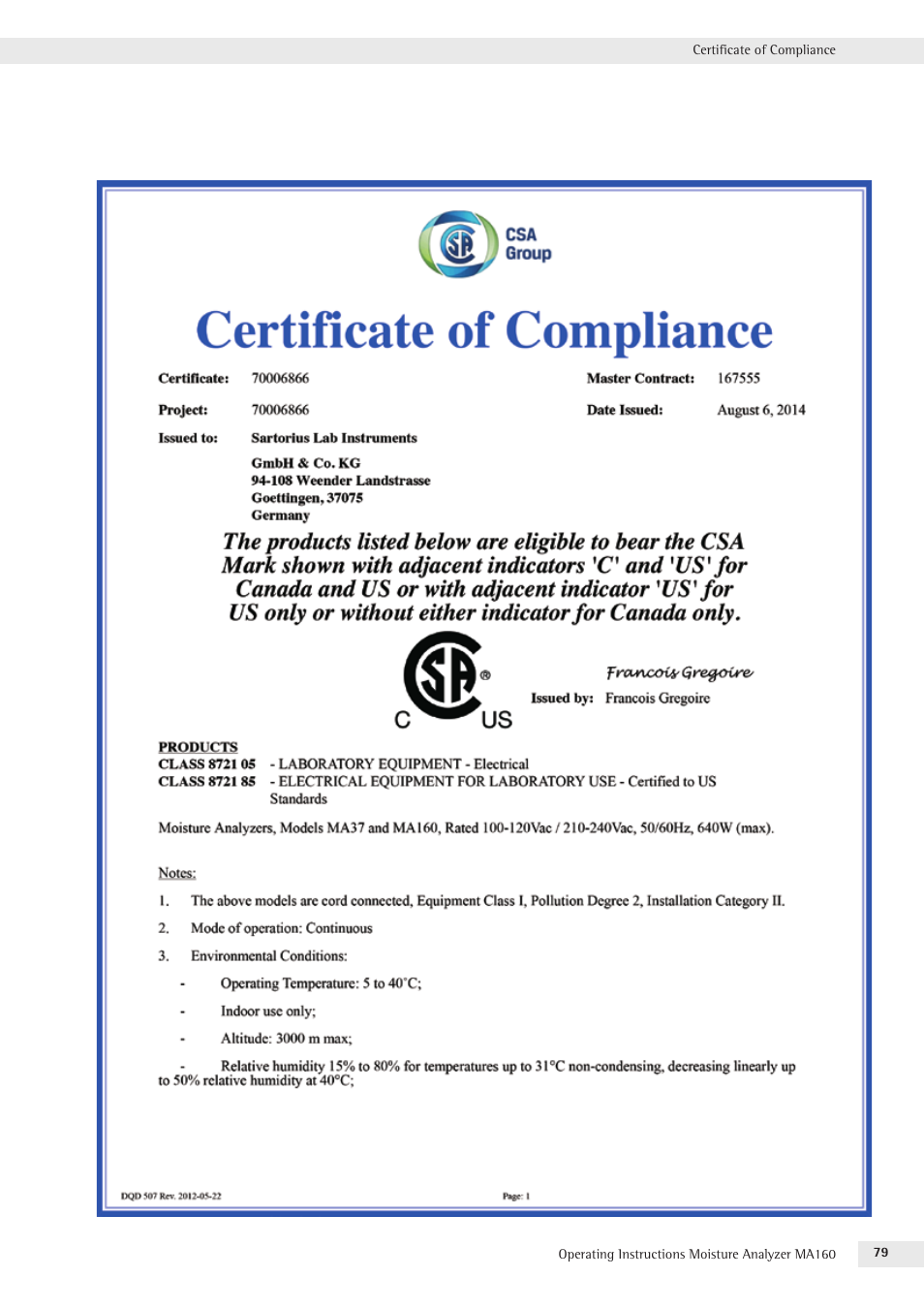 Certificate of compliance | Rice Lake MA160 Sartorius Moisture Analyzer User Manual | Page 79 / 82