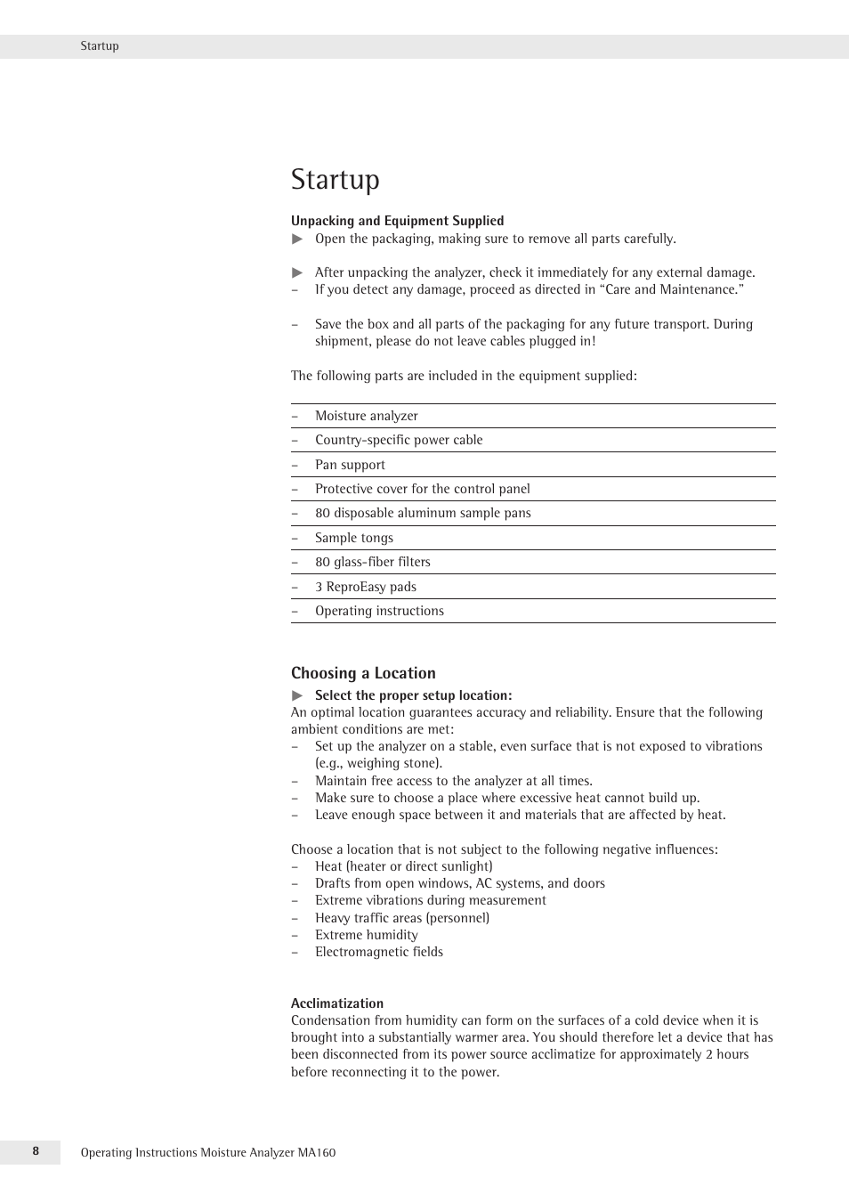 Startup | Rice Lake MA160 Sartorius Moisture Analyzer User Manual | Page 8 / 82