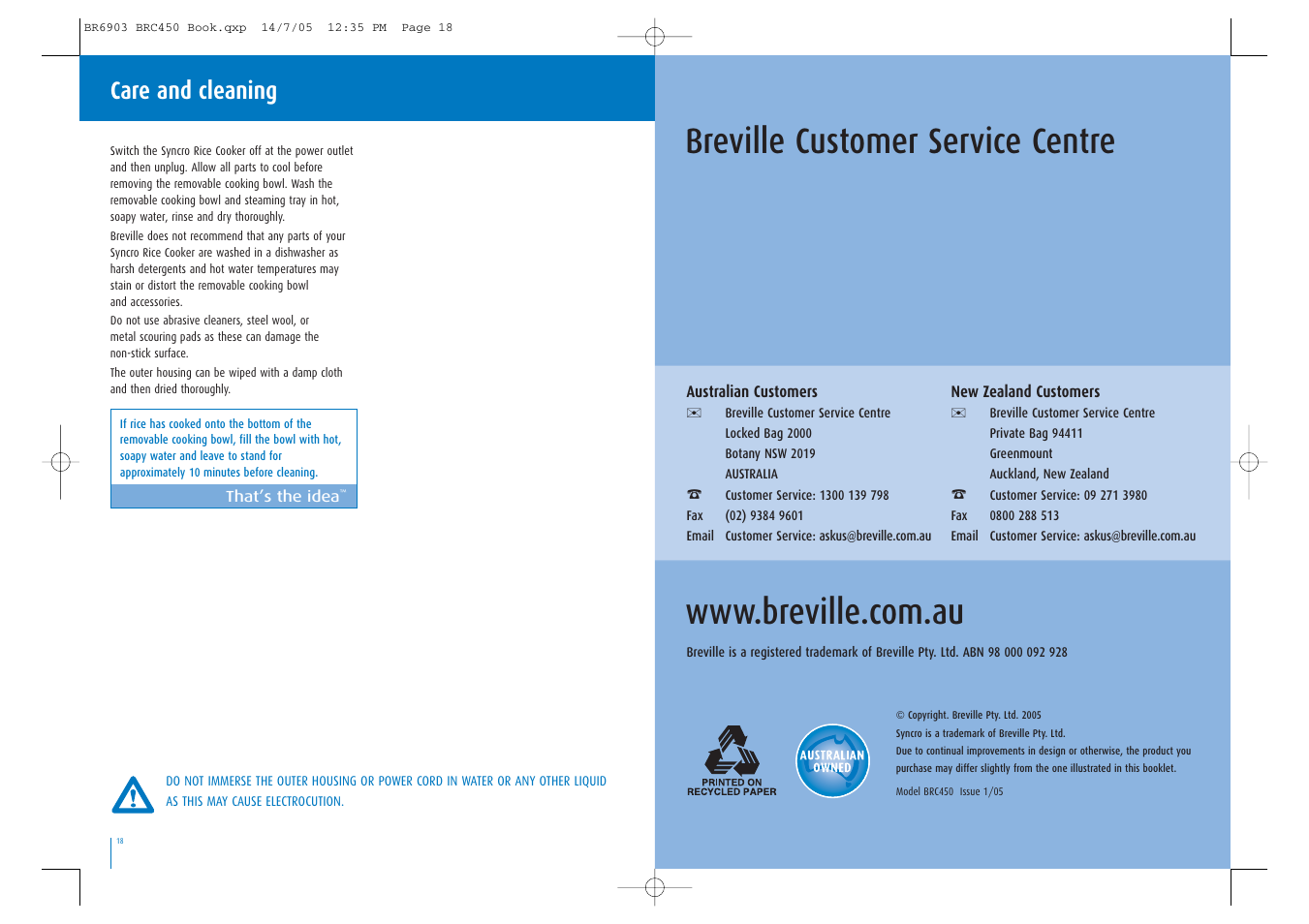 Breville customer service centre, Care and cleaning | Breville Syncro Rice Cooker User Manual | Page 10 / 17