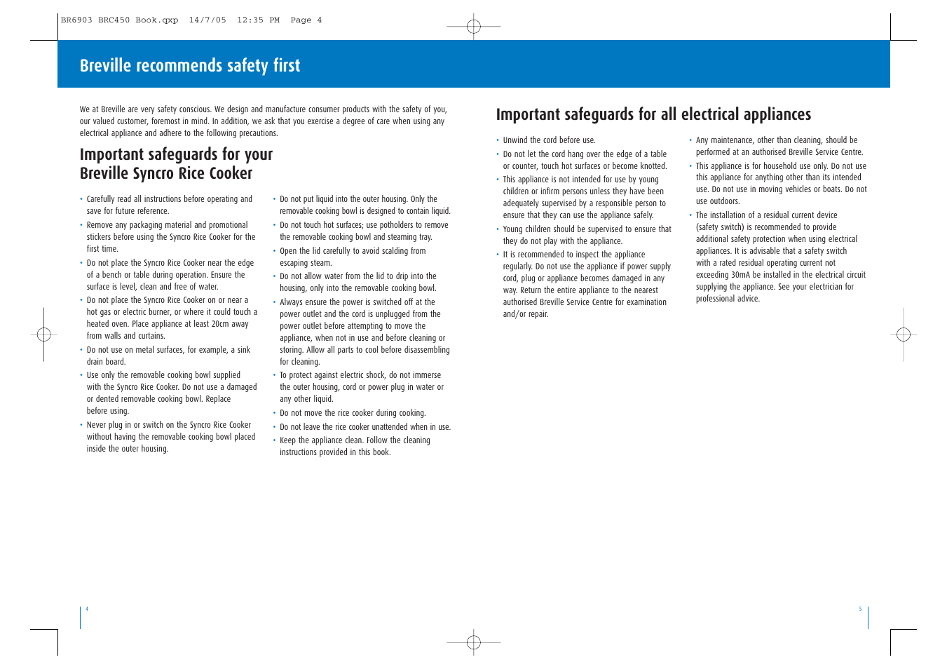 Breville recommends safety first | Breville Syncro Rice Cooker User Manual | Page 3 / 17